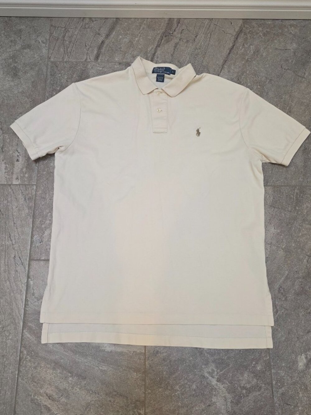 VTG Polo Ralph Lauren Shirt Mens Lrg cream Classic Fit Flesh Pony Short Sleeve